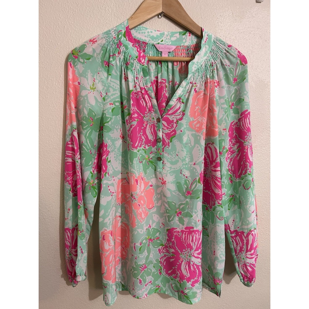 Lilly Pulitzer Silk Elsa Top Small Pink Aqua Tropical Floral Long Sleeve Blouse